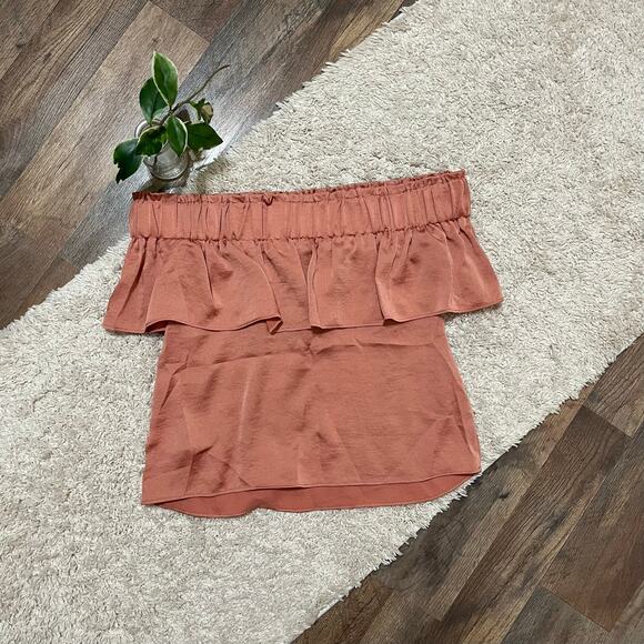 Express Size XS Orange Ruffle Satin Off Shoulder Top - Picture 3 of 5